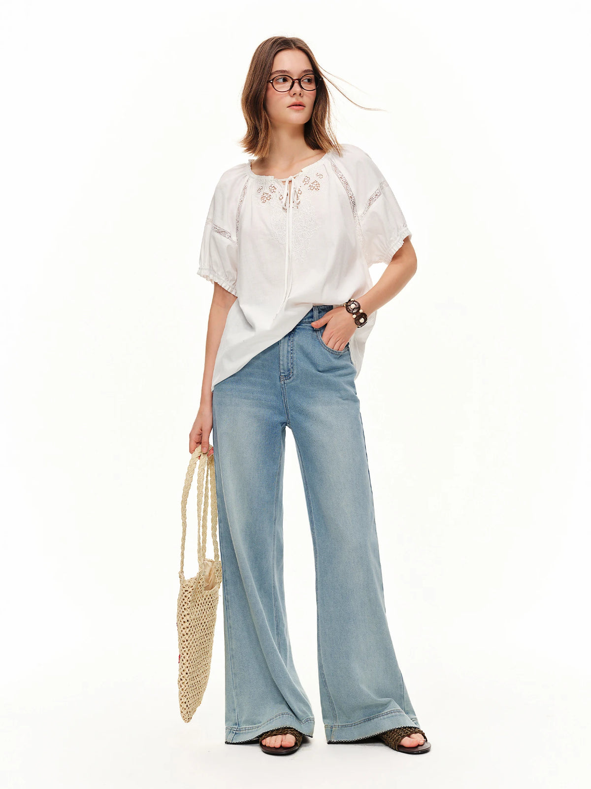 Women's Embroidered Linen Cotton Blouse - Relaxed Summer Puff Sleeve Top