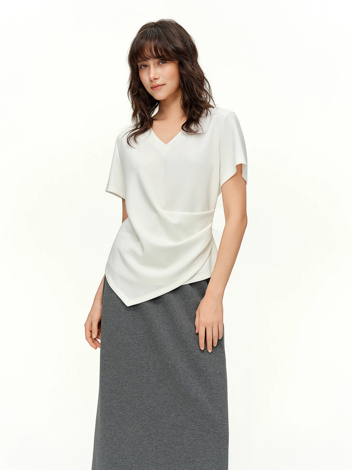 Women's Pleated Asymmetrical V-Neck T-Shirt - Slim Fit Spring Top