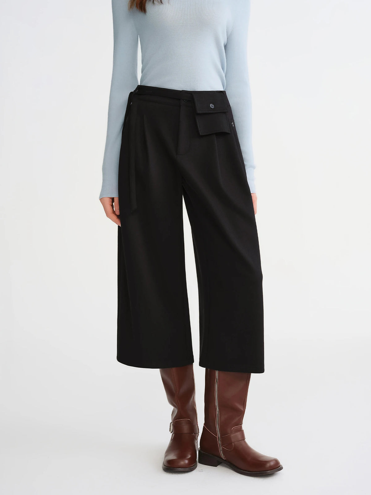 French Style Pleated Wide-Leg Pants with Waist Bag - Retro Winter Wear