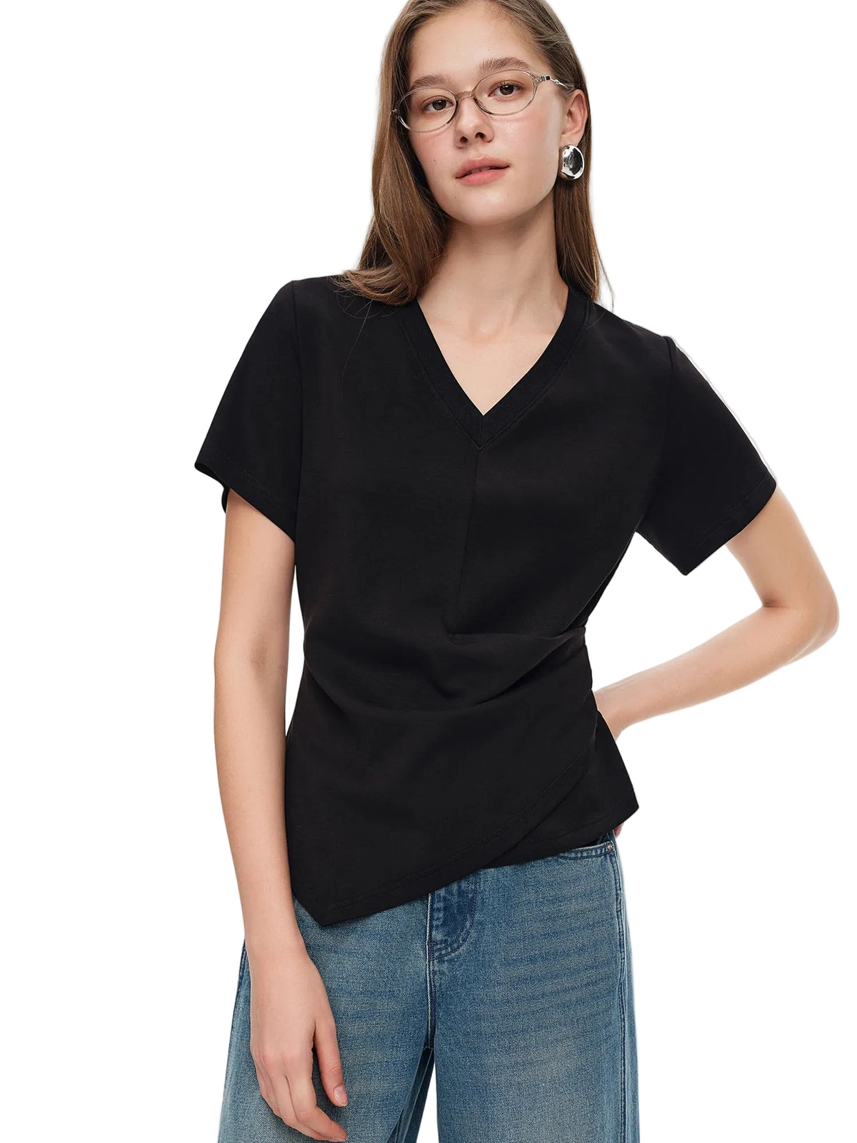 Women's Pleated Asymmetrical V-Neck T-Shirt - Slim Fit Spring Top