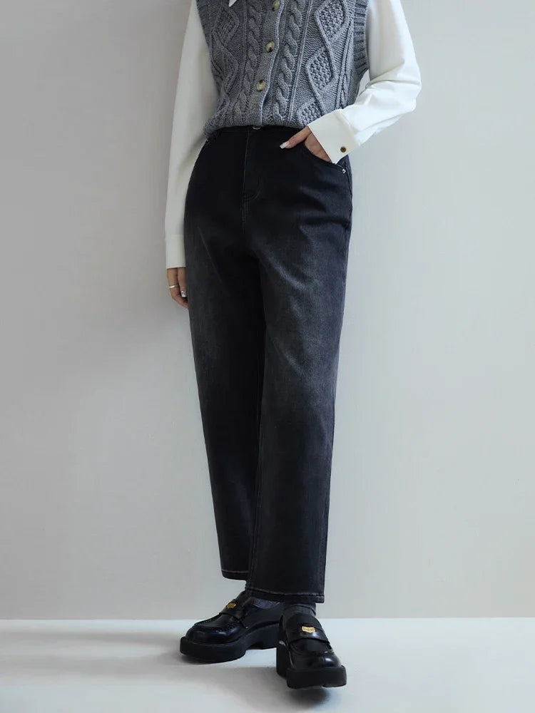 Women's Fleece Lined Tapered Jeans | Cotton Winter Denim Pants