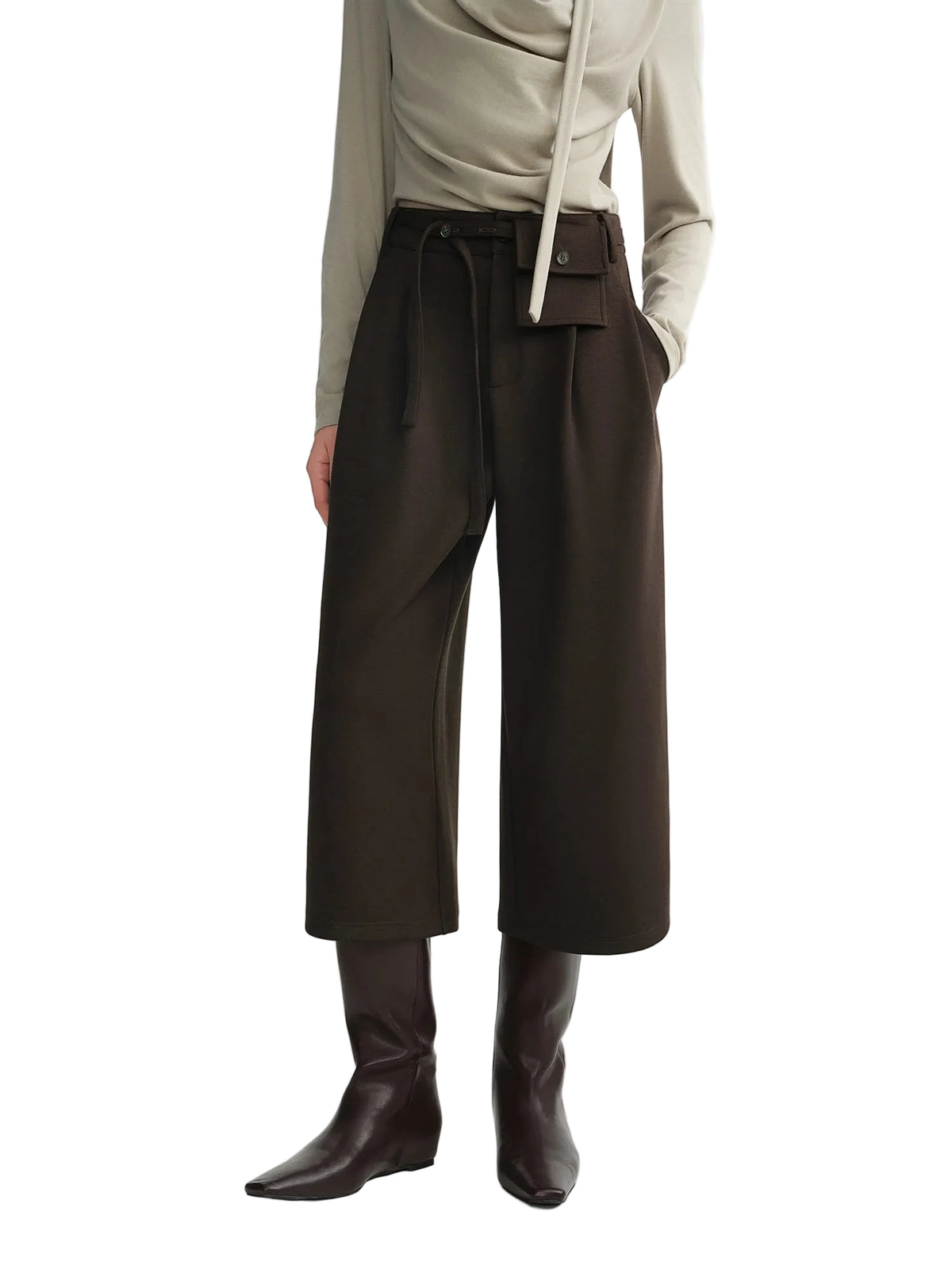 French Style Pleated Wide-Leg Pants with Waist Bag - Retro Winter Wear