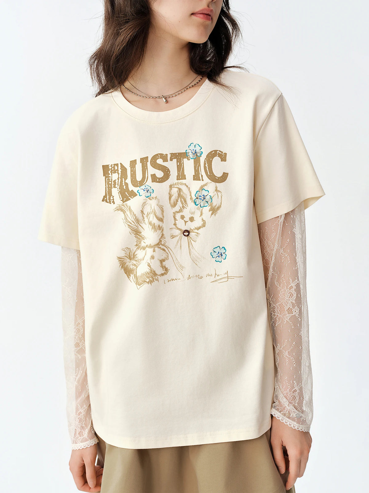 Women's Lace Patchwork Faux Two-Piece Long Sleeve T-Shirt