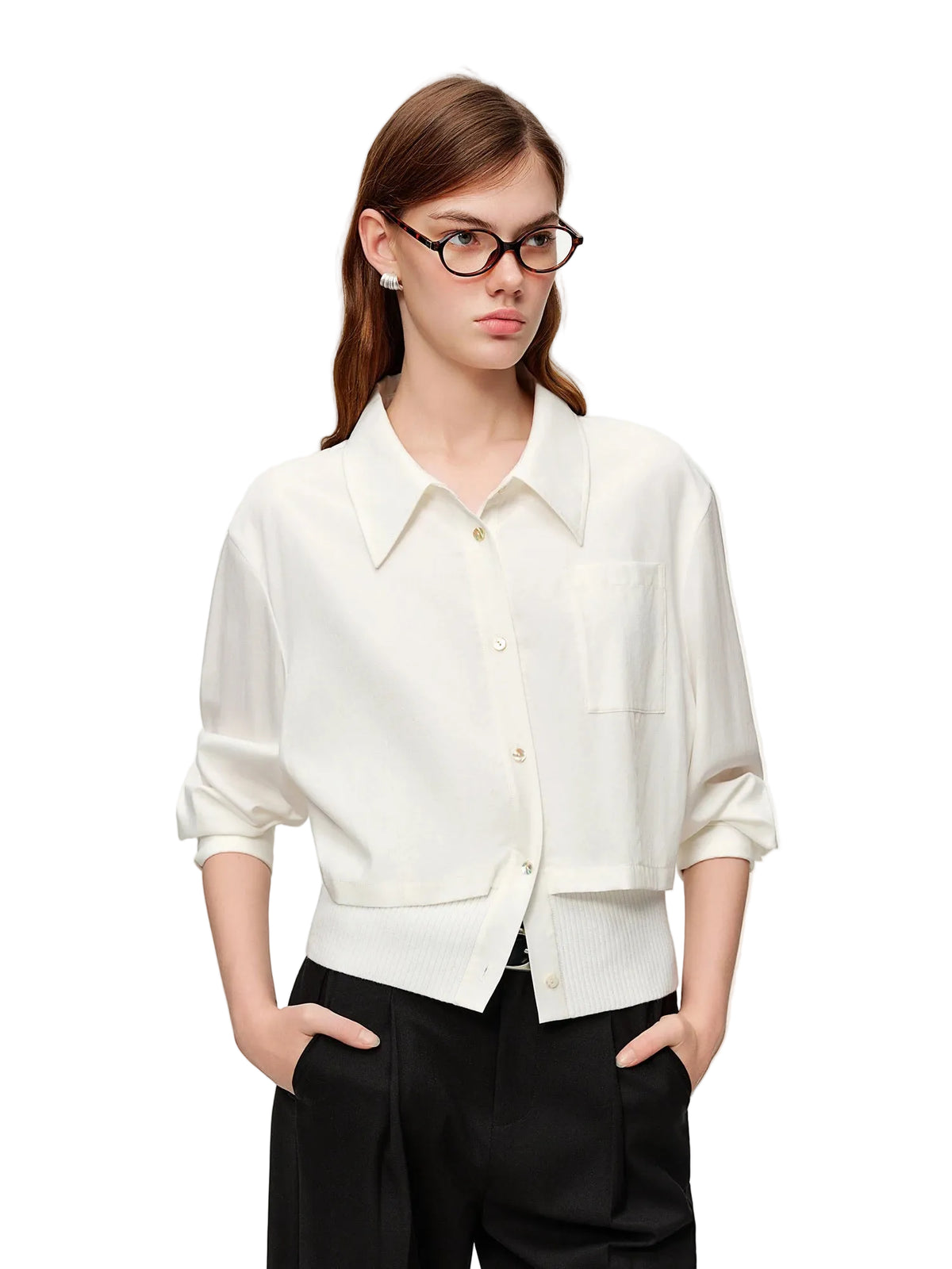 Women's Ribbed Tri-Color Blouse - Elegant Office Long Sleeve