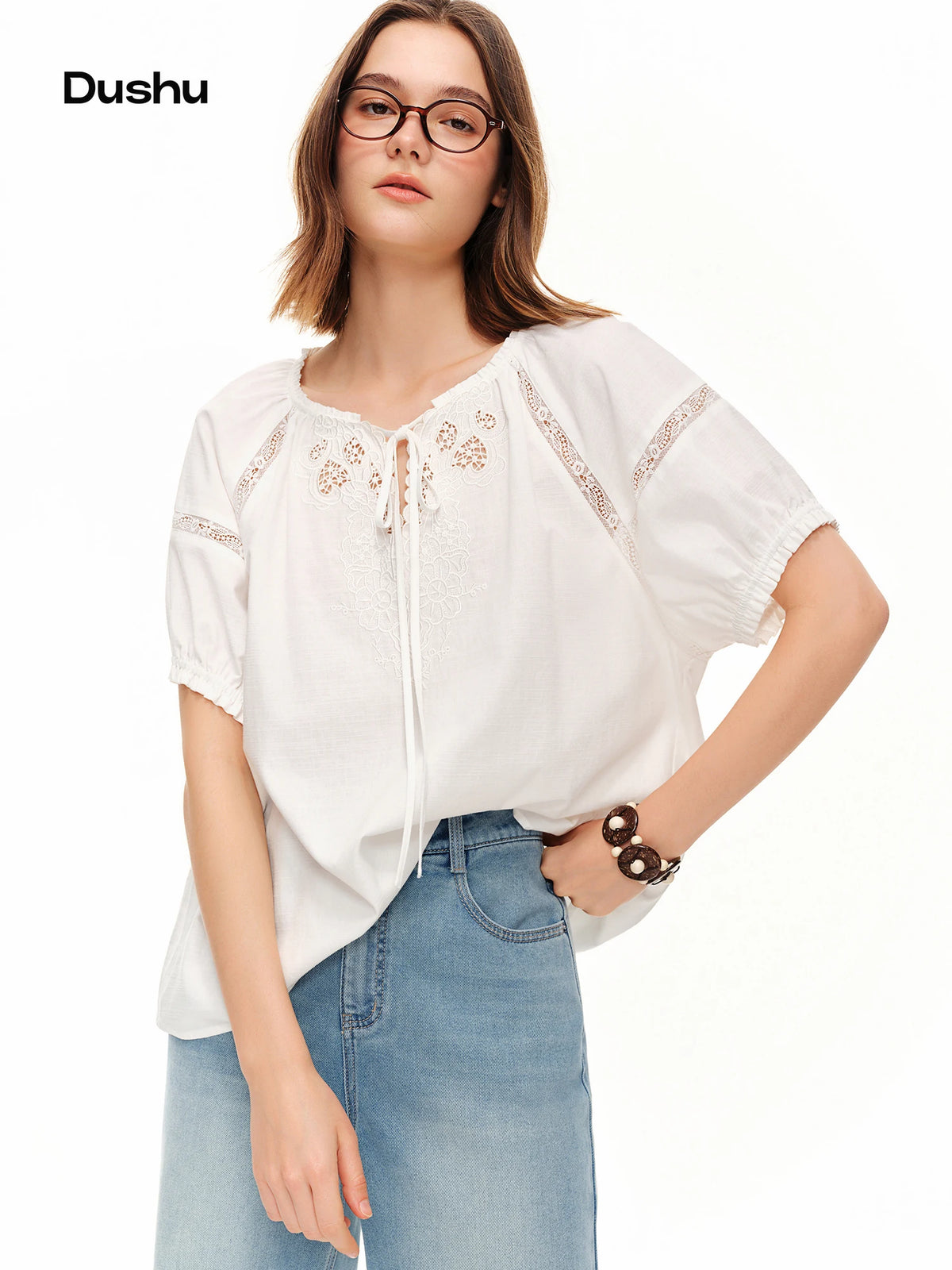 Women's Embroidered Linen Cotton Blouse - Relaxed Summer Puff Sleeve Top
