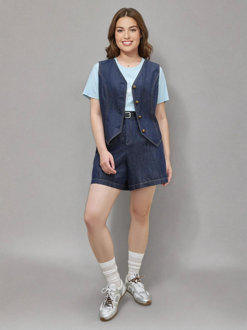 Plus Size Denim Vest & Shorts Set - Retro Summer Casual Two-Piece