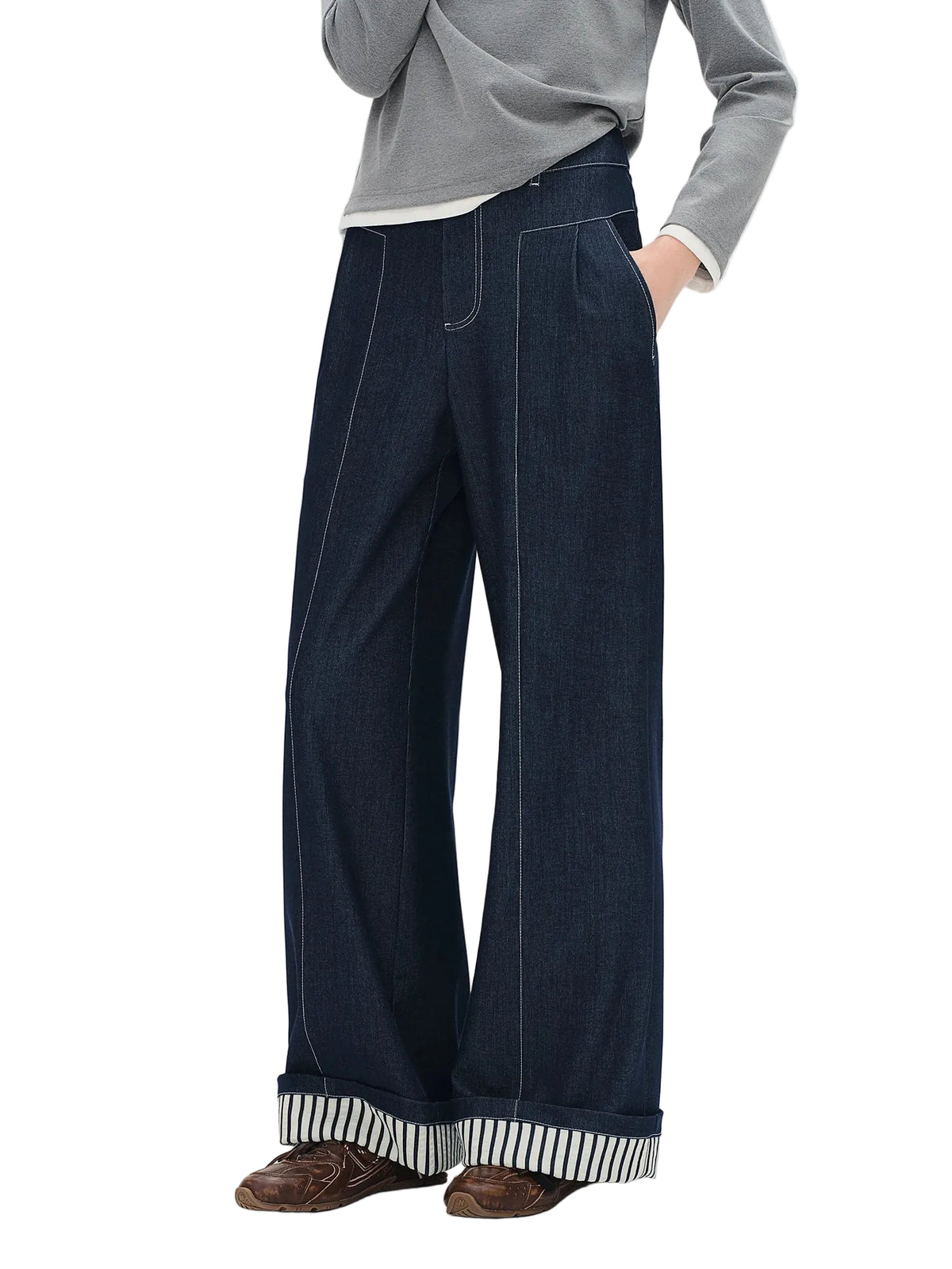 Plus Size Striped Wide Leg Jeans - Retro Relaxed Fit Denim Pants